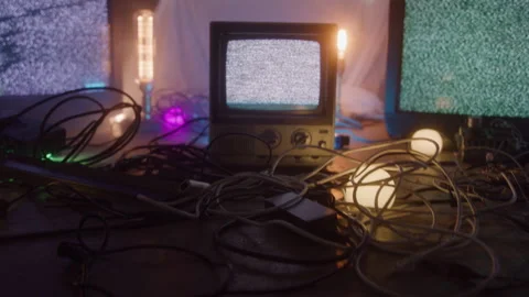 Pan up of Cords &amp; Lighting on Floor to Static Tvs Flashing Video stock 270388854