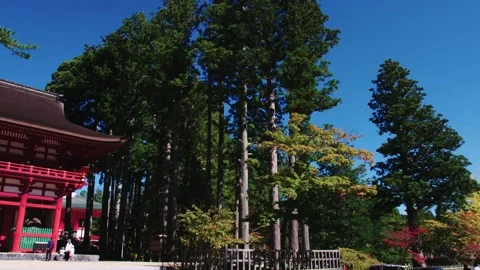 Pan of Daimon gate at Koyasan temple in Wakayama Japan. The sky is bright blue Stock Footage 130347670