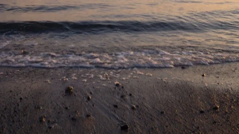 Pan up from dark sandy beach to flowing waves on the and distant mountains. Stock Footage 128624002