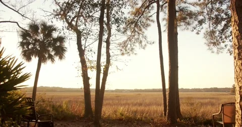 Pan down to 2 chairs by the marsh during golden hour; Wilmington Island, Ga Stock Footage 168765459