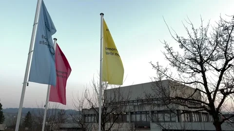 Pan down and close up of flags of the University St. Gallen. Stock Footage 176918003
