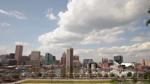 Pan down Baltimore's Inner Harbor from Above Stock Footage 81748440