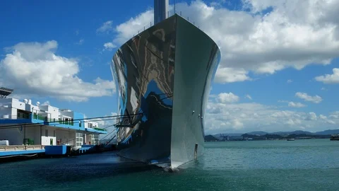 Pan down to bow - Super sailing yacht A visits Puerto Rico. Stock Footage 106167354