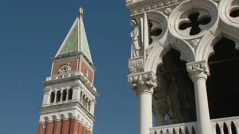 Pan down Caminale - St Marks Square Venice, Itlay Stock Footage 74550530