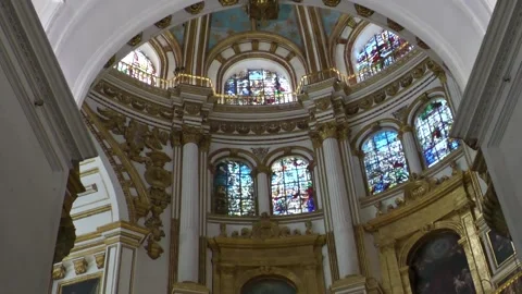 Pan Down of Cathedral Dome Interior in Granada Spain Stock Footage 336007616