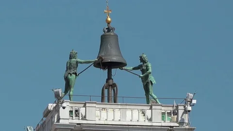 Pan down close up of the Astrological Clock, St Marks Square, Venice, Italy Stock Footage 83388893