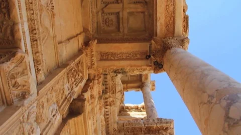 Pan Down Close Up of Library of Celsus Ephesus, Turkey Stock-Footage 84292143