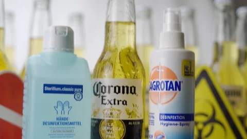 Pan Down Corona Beer Next To Disinfectant Sanitizer Stock Footage 126156138