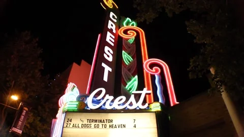 Pan Down Crest Theater Sign Medium Shot Stop on Marquee Stock Footage 170469834