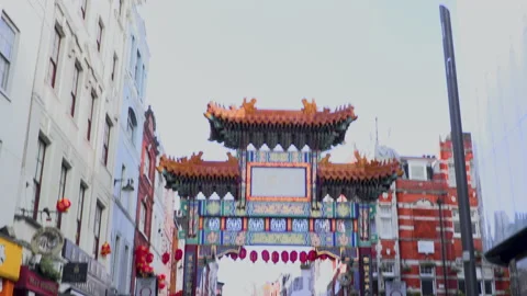Pan down to an empty Chinatown in London during lockdown Stock Footage 142737465