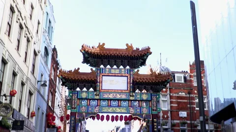 Pan down to an empty Chinatown in London during lockdown Video stock 142738207