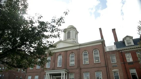 Pan down on exterior of Morris County court house with trees swaying, day. Vídeo Stock 107164948