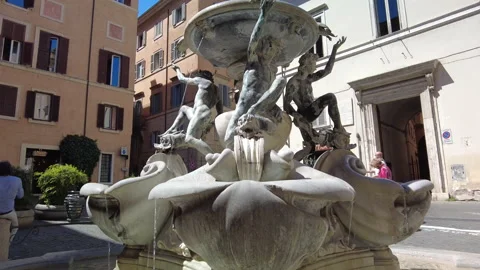 Pan down of the Fountain of the turtles in Piazza Mattei, Rome Stock Footage 154027568