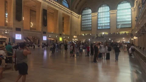 Pan Down From Grand Central Celestial Ceiling to the Busy Main Concourse Below Stock Footage 347919044