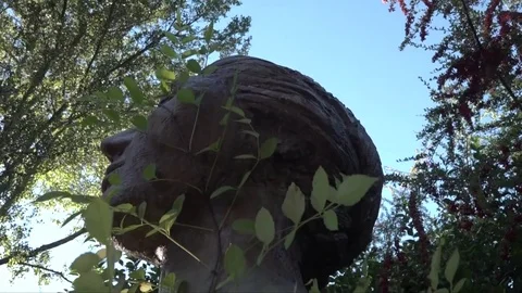 Pan down head of statue in green garden Stock Footage 84376197