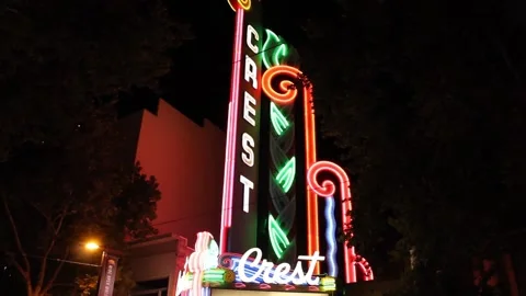 Pan Down Historical Crest Theater Neon Sign Wide Video stock 170469826