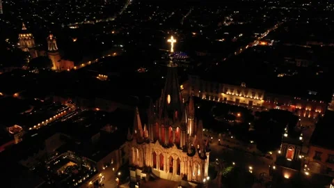 Pan down up or circling in San Miguel de Allende Night time Stock Footage 200981063