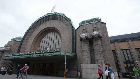 Pan down shot of Jarnvag train station in Helsinki, Finland Stock Footage 95491559