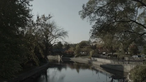 Pan Down Shot of Naperville Riverwalk Stock Footage 93708094