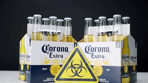 Pan Down Sixpack Corona Biohazard Stock Footage 126404157