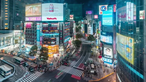 Pan Down Timelapse of advertisement billboards from business in Shibuya Stock Footage 188572836