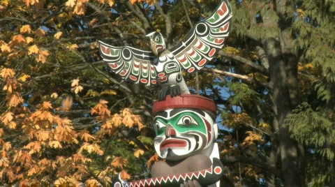 Pan Down Totem Pole in Stanley Park Vancover Stock Footage 342066
