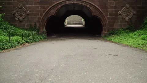 Pan down of tunnel in a park Stock Footage 160806955