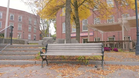 Pan Up Drone Shot Over Park Bench In Downtown Dover New Hampshire Video stock 128193772