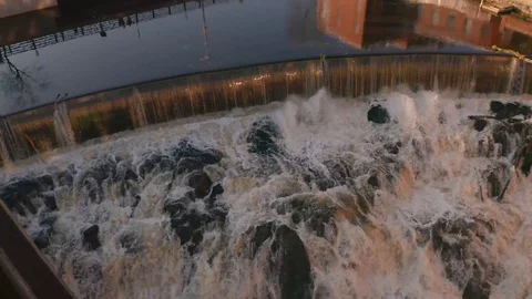 Pan In Drone Shot Over Waterfall In Downtown Dover New Hampshire Video stock 128193888