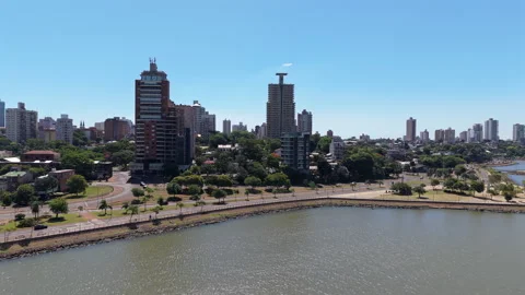 Pan drone shot of Posadas cityscape with Parana River in Misiones Stock-Footage 300301985