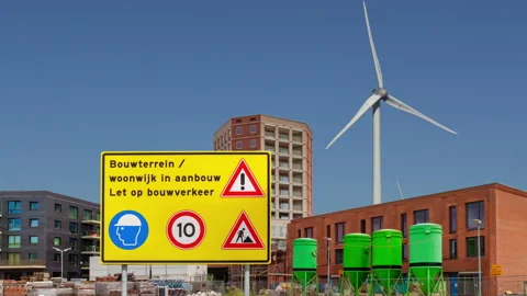Pan of Dutch construction site sign Stock Footage 286104436