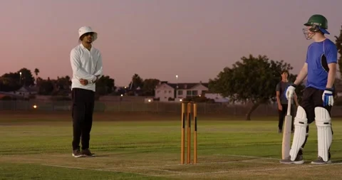 Pan to eammates playing cricket on grassy pitch at dusk, with bat, green helmet, Stock Footage 337399568