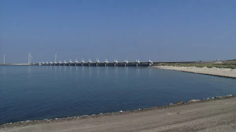 Pan Eastern Scheldt storm surge barrier North Sea side to Roggenplaat Stock Footage 33126209