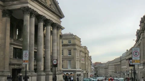 Pan up from the elegant curve of historic Grey Street to Theatre Royal Stock Footage 1089680