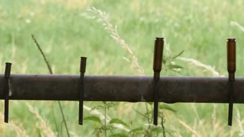 Pan: empty bullet shells on metal rods, different caliber cartridge casings Stock Footage 245934342