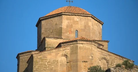 Pan up exterior of Jvari Monastery, a 6th century Georgian Orthodox monastery Stock Footage 104249768