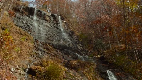 Pan Fall-Colored Woods to Amicalola Falls, 4K Stock Footage 70775673