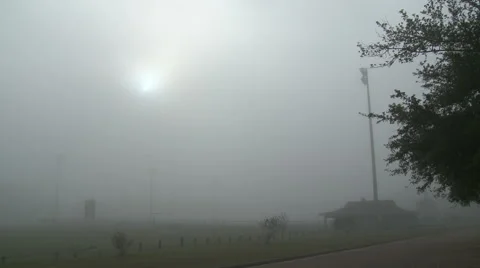 Pan of Field as Sun Tries to Break Through on a Foggy Morning Stock Footage 54714929