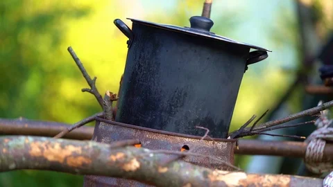 Pan on the fire in the woods, Cooking in the forest Stock Footage 123413705