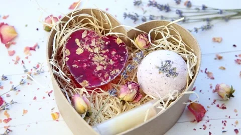Pan Flat lay view of various homemade spa gifts. Video stock 148767942