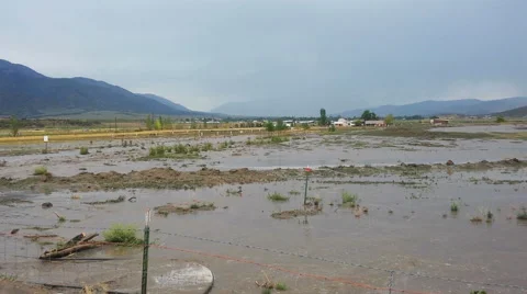 Pan-Flooded fields workers tractors to control flooding Video stock 61218146