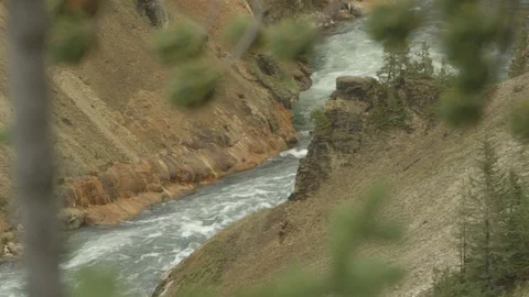 Pan Flowing River at Yellowstone Lower Falls Uncle Toms Trail Stock Footage 122223993