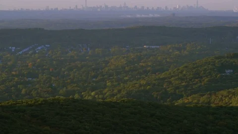 Pan up from forested hills to the NYC skyline. Stock Footage 83792953