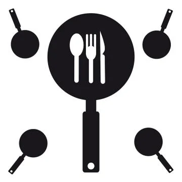 Pan with fork and spoonon white background Stock Illustration