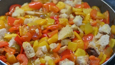 Pan-fried peppers with stale bread (2) Stock Footage 292275251
