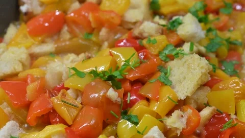Pan-fried peppers with stale bread (5) Stock Footage 292276778