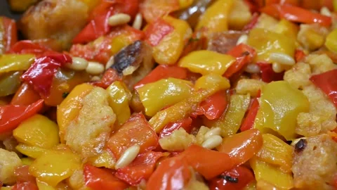 Pan-fried peppers with stale bread (7) Stock Footage 292279069