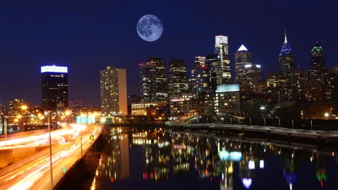 Pan of full moon rising over the city of Philadelphia, United States, exclusi Stock Footage 171416985