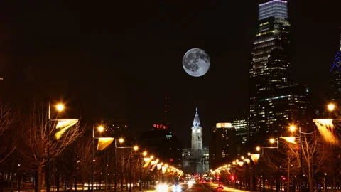 Pan of full moon rising over Philadelphia, United States at night, exclusive  Stock Footage 171417148