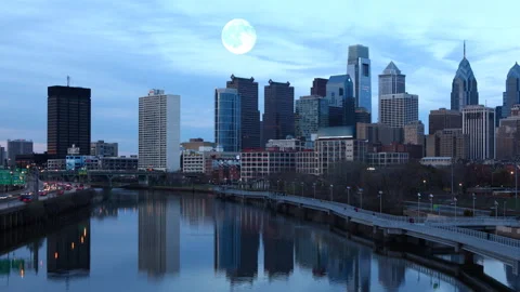 Pan of full moon rising over Philadelphia, Pennsylvania, United States, exclu Stock Footage 171417426